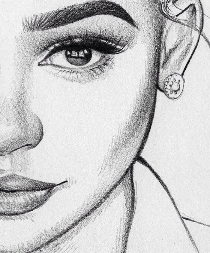 close up of a female face drawing, how to draw a face, full lips and big eyes
