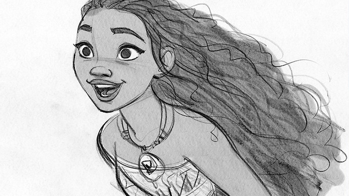 long black wavy hair, black and white drawing of moana, woman drawing, white background