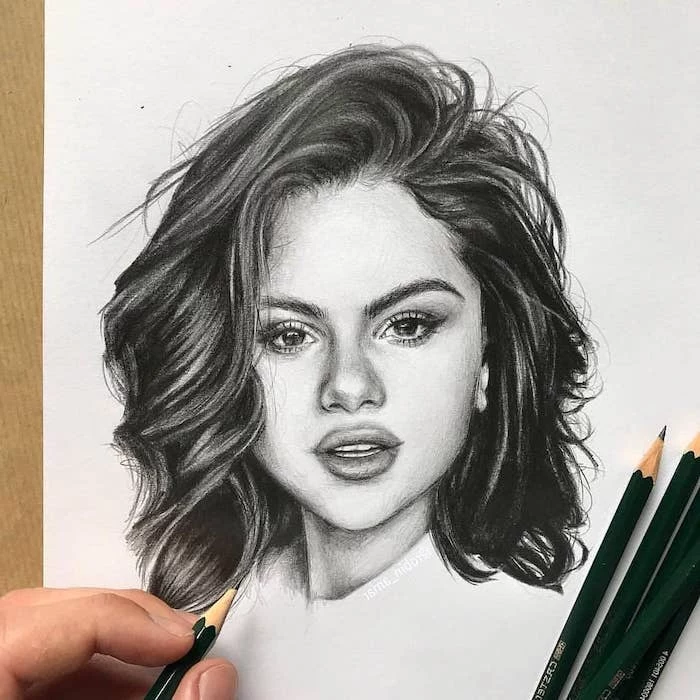 black and white selena gomez drawing, woman drawing, white background, short wavy hair