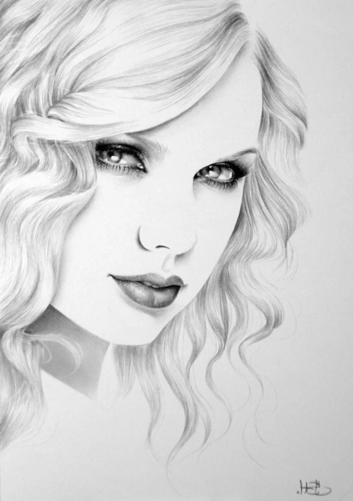 black and white sketch, taylor swift drawing, woman drawing, short curly hair, white background