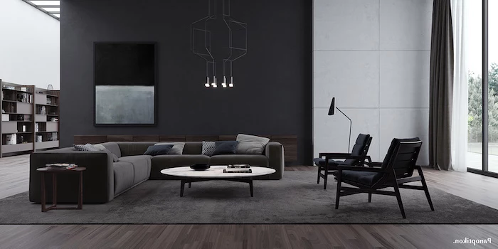 black wall with an abstract painting, grey corner sofa, wall treatments, hanging chandelier