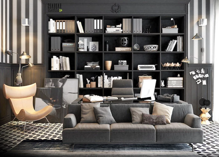 large black wooden bookcase, dark grey sofa, small office ideas, beige leather armchair, dark grey chair