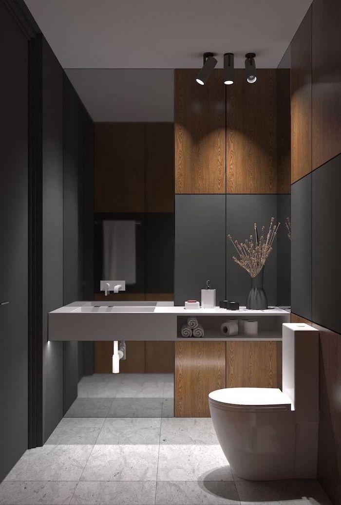 black and wooden tiled walls, white marble tiled floor, floating sink, bathroom shower ideas