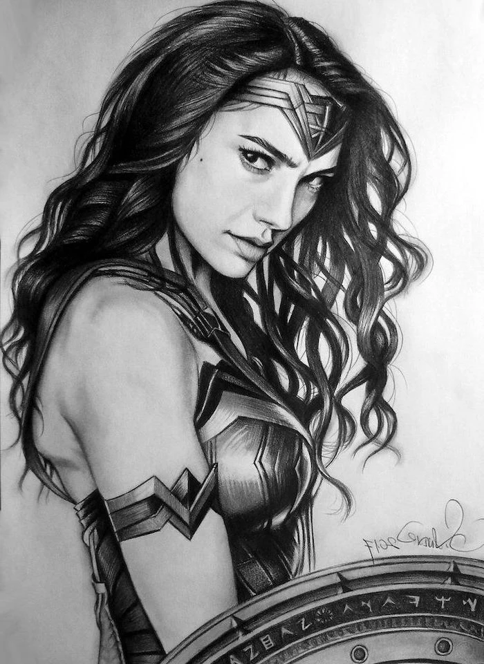 long black wavy hair, girl face drawing, wonder woman black and white drawing, diadem on her head