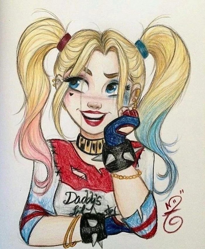 blonde pink and blue ponytails, girl face drawing, harley quinn colourful drawing, red blue and white top