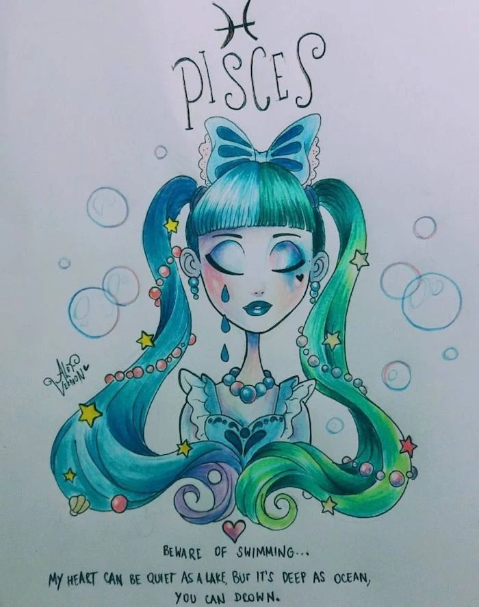 blue and green ponytails, large blue bow, how to draw a person, drawing of pisces zodiac sign