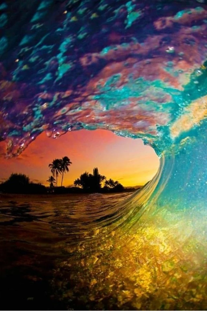 tidal wave, palm trees in the sunset, best iphone wallpapers, colourful wave