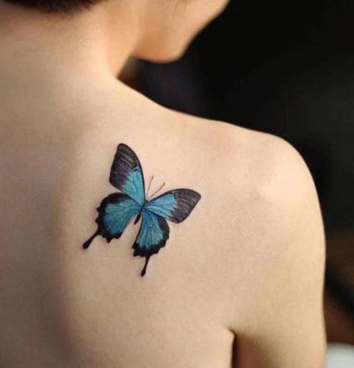 black blue and purple butterfly, tattoo on the shoulder, back tattoos for girls