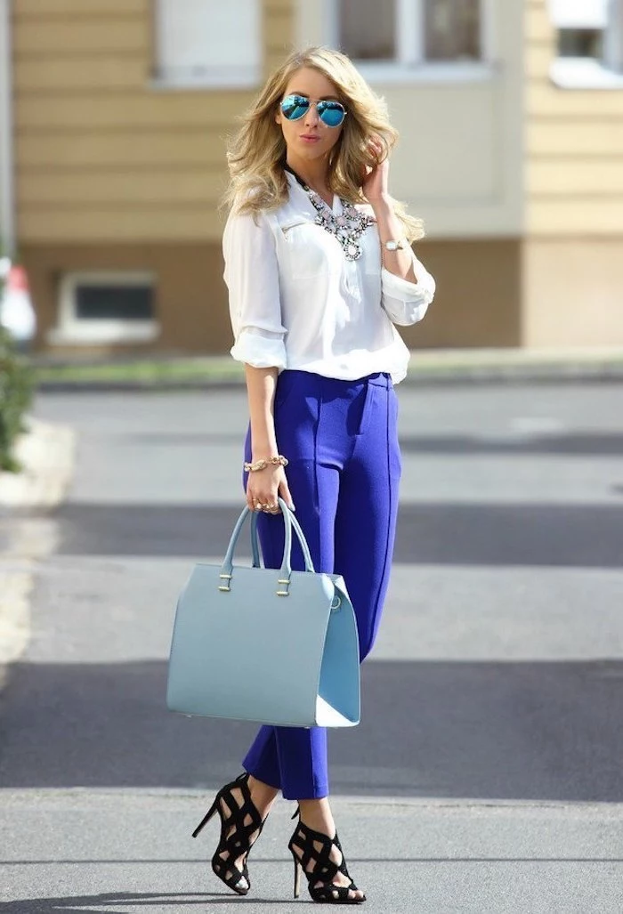 light blue leather bag, blue trousers, summer business casual, white shirt, black open toe high heels