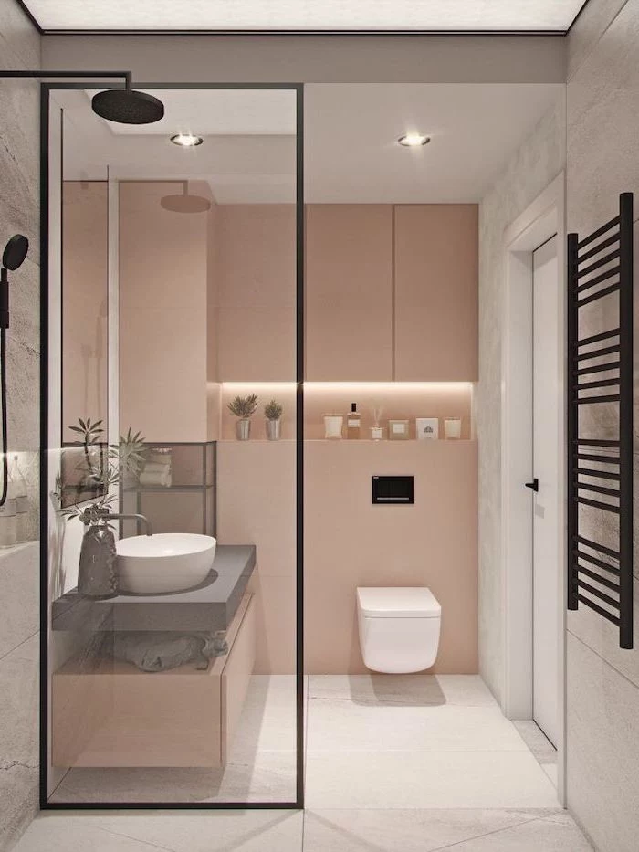 blush and white tiled walls, bathroom shower ideas, floating wooden shelf and sink