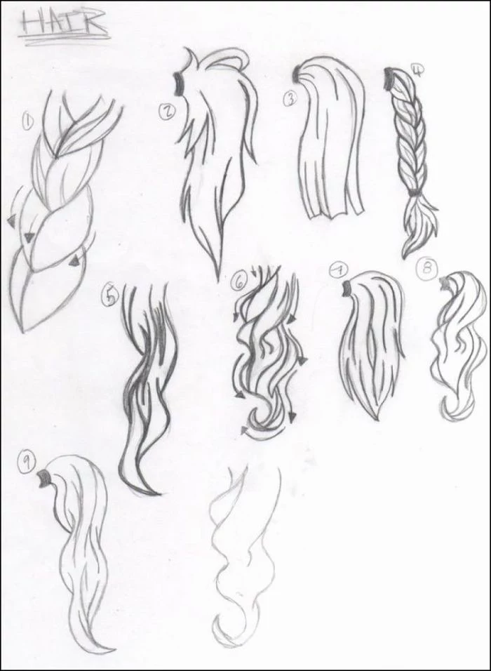 braids and ponytails, different hairstyles, how to draw a braid, black sketch, white background