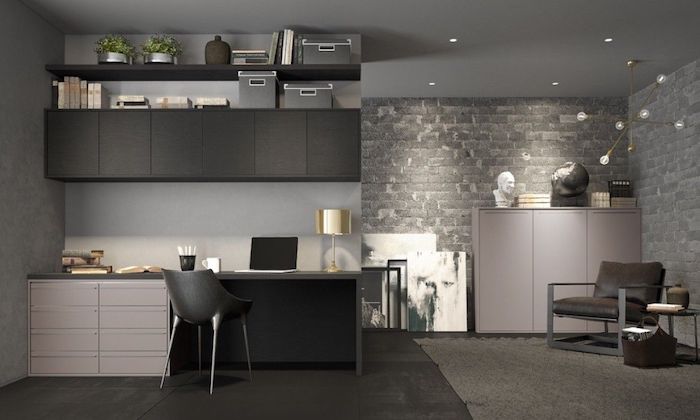 black cupboards and bookshelves, modern home office, white drawers, black chair, brick wall