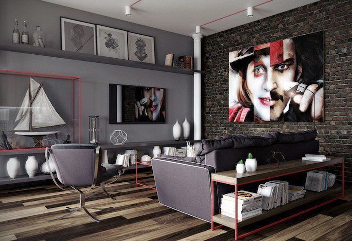 johnny depp characters painting, accent wall ideas, grey sofa and armchair, brick wall