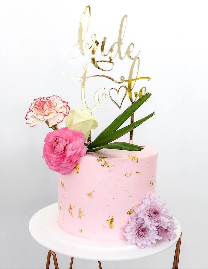 bride to be cake topper, pink cake with flowers, wild bachelorette party, white background