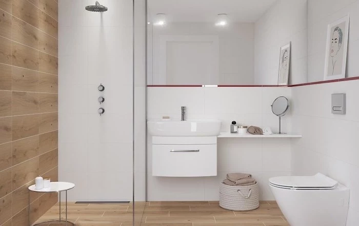 wood tiled floor and wall, small bathroom remodel ideas, white floating cabinet, large mirror