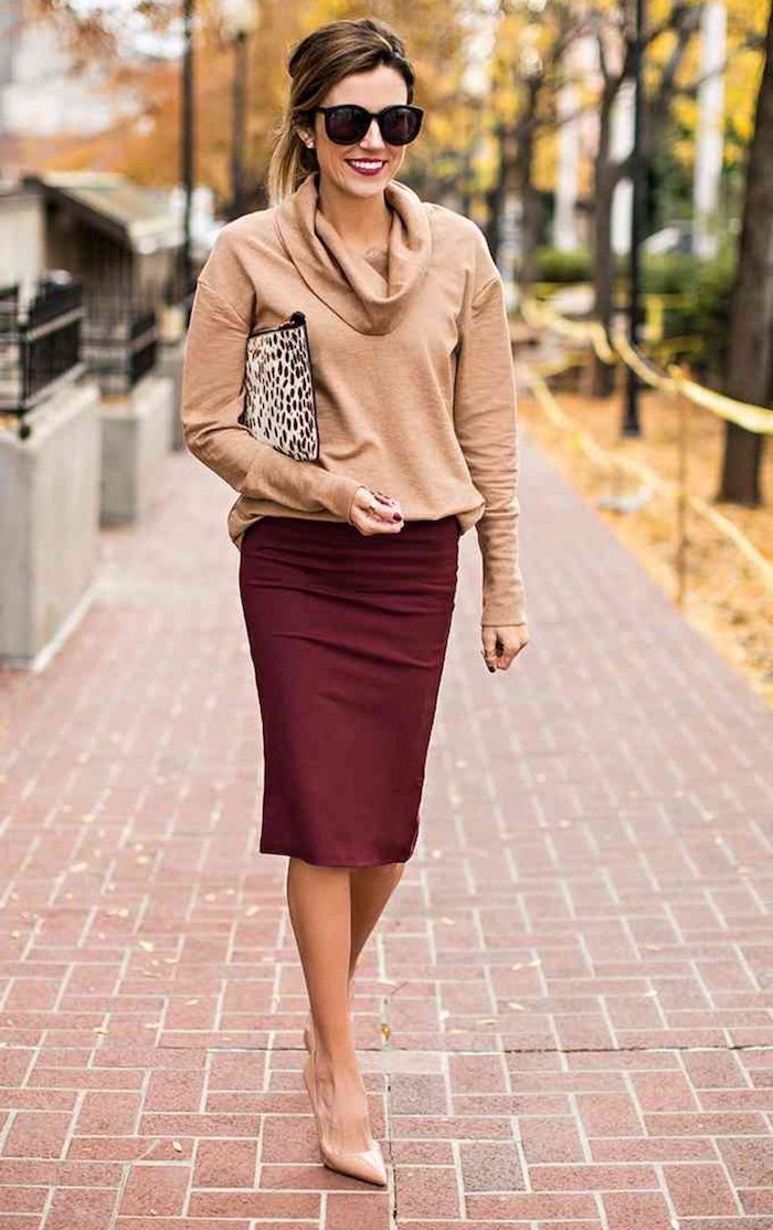 burgundy pencil skirt, nude pointed shoes, business wear for women, beige blouse, leopard print clutch