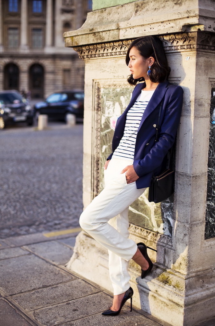 black shoes, womens business casual clothing, white trousers, white and black stripe top, navy blazer