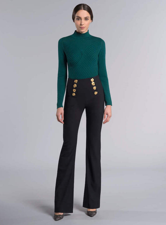 green turtleneck, what is business casual for women, high waist black trousers, black pointed heels
