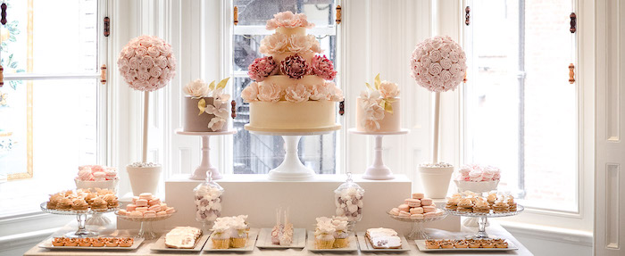 cakes on a cake stand, macaroons and cupcakes in plates, pink roses bouquet, fall wedding ideas