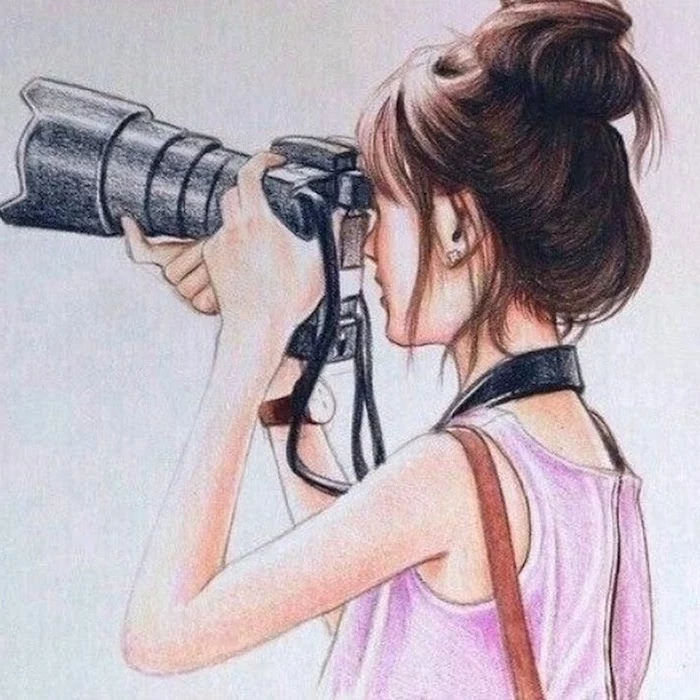 long camera lens, brown hair in a bun, pink top, how to draw female body, white background
