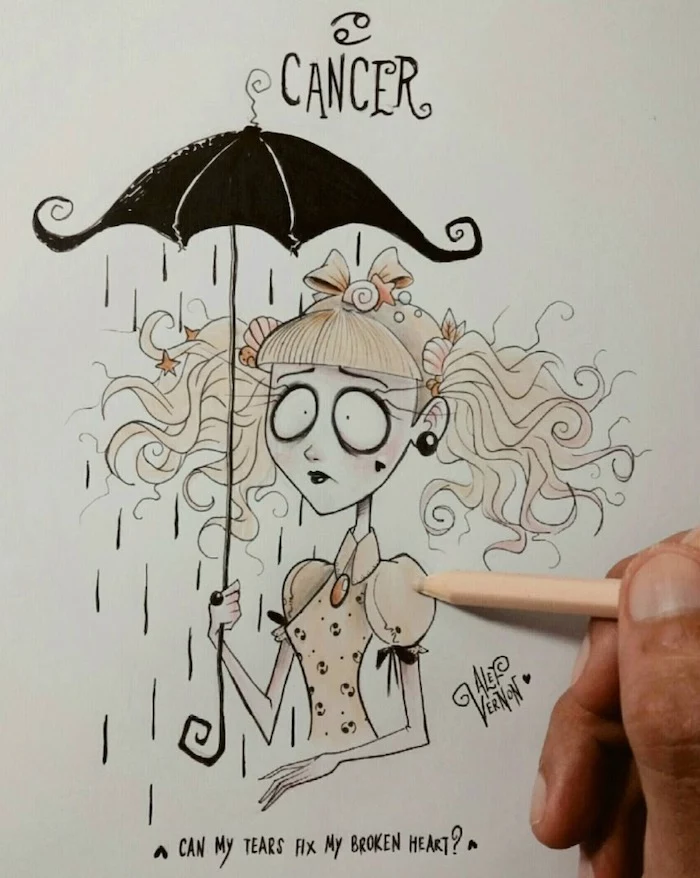 black umbrella, how to draw a braid, cancer zodiac sign drawing, blond curly ponytails