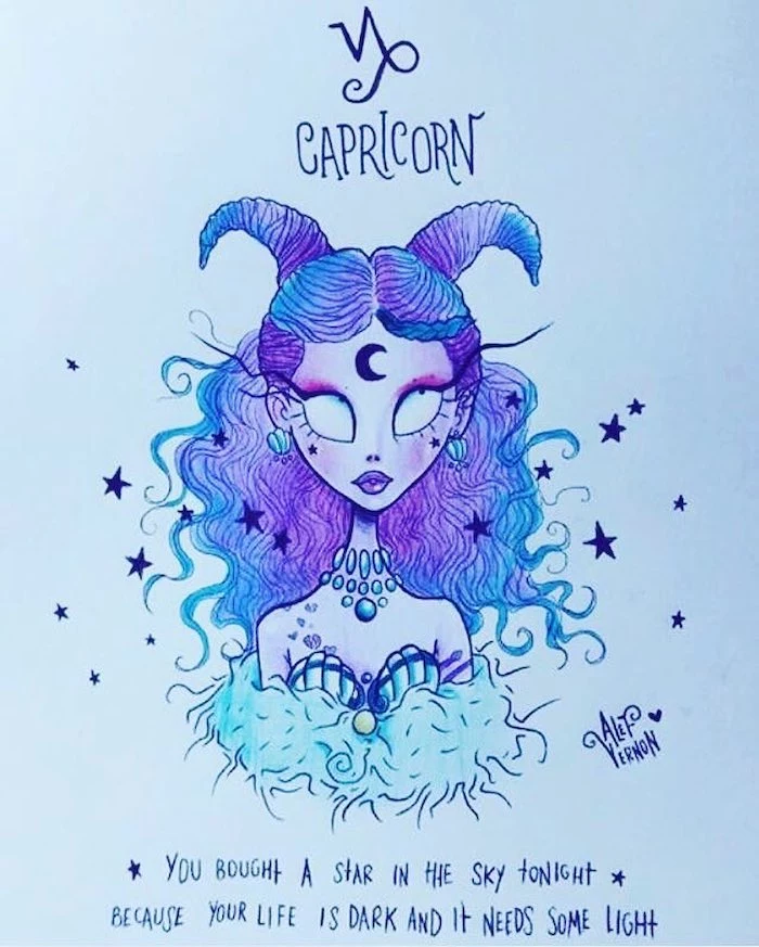 capricorn zodiac sign drawing, girl drawing easy, blue and purple curly hair, blue and purple horns