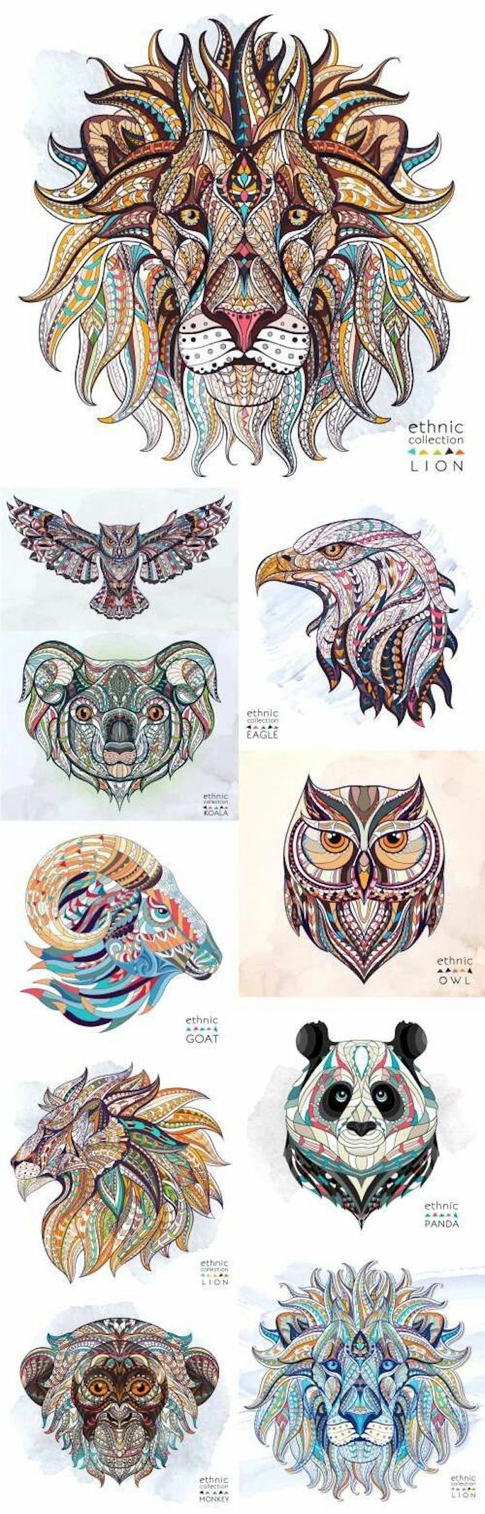 colourful animal head drawings, tattoo designs for men, white background