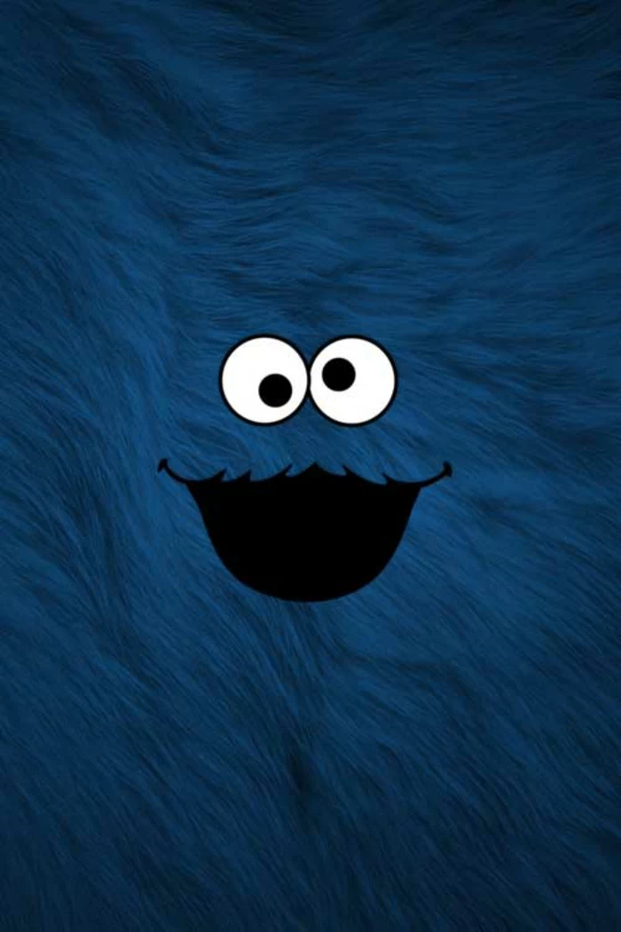 cookie monster, iphone backgrounds, blue fuzzy background, eyes and a smile