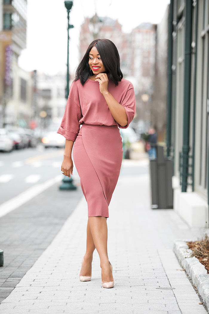 coral dress, nude shoes, red lipstick, business attire for women, short brown hair