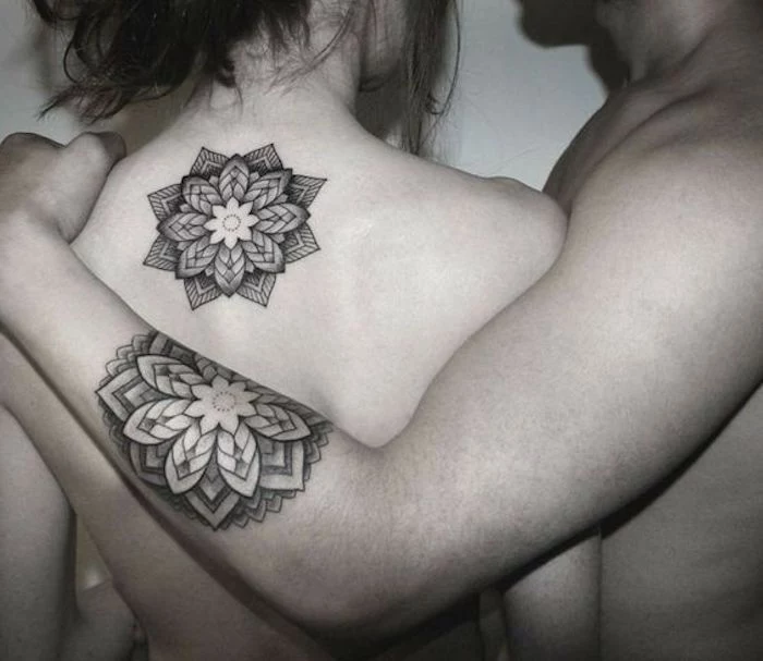 couple with matching tattoos, tattoos for men with meaning, geometrical flowers, tattoos with hidden meanings
