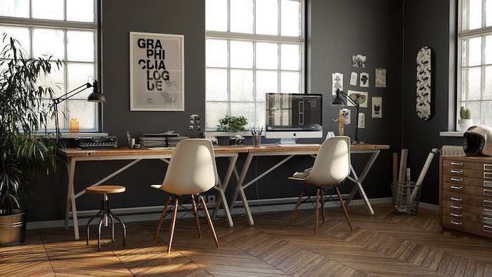 black walls, wooden desks, white chairs and stools, modern home office, desktop computer