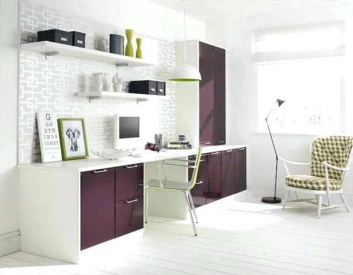 dark purple cabinets, white desk, green chairs, white bookshelves, home office setup