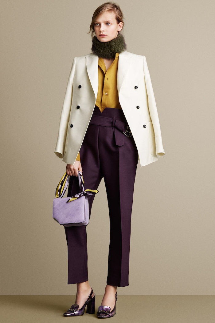 dark purple trousers and shoes, light purple leather bag, white blazer, mustard yellow shirt, summer business casual