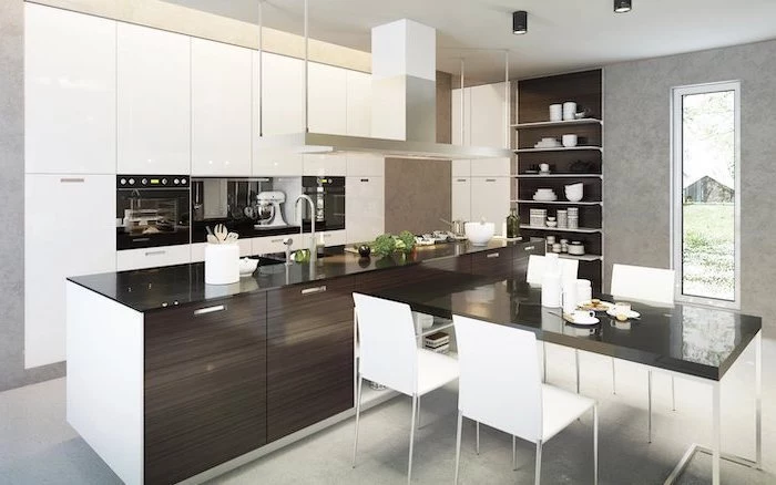 white cabinets, dark wooden kitchen island, kitchen wall decor ideas, black counters