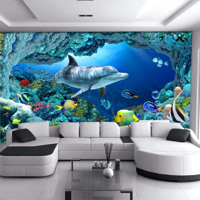 white and black corner sofa, glass coffee table, living room wall colors, dolphin underwater life wallpaper