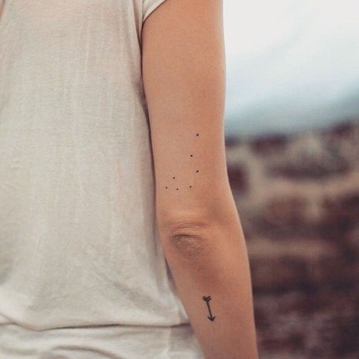 dots and arrow tattoo on the hand, white shirt, blurred background, tattoos for women with meaning