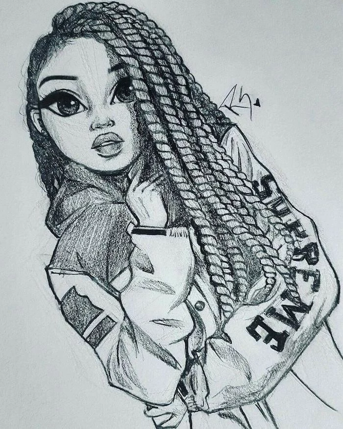 black and white drawing of a girl, face drawing, long braids, supreme jacket
