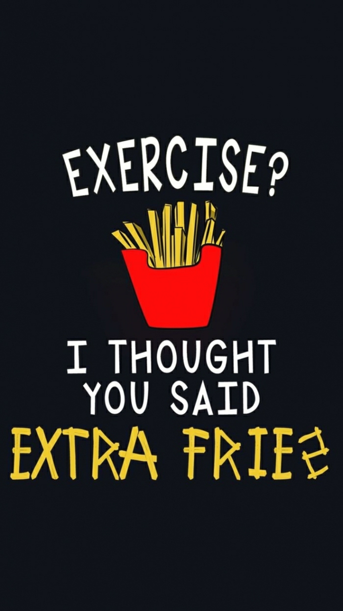 exercise i though you said extra fries, inspirational wallpapers, french fries in a red box, black background