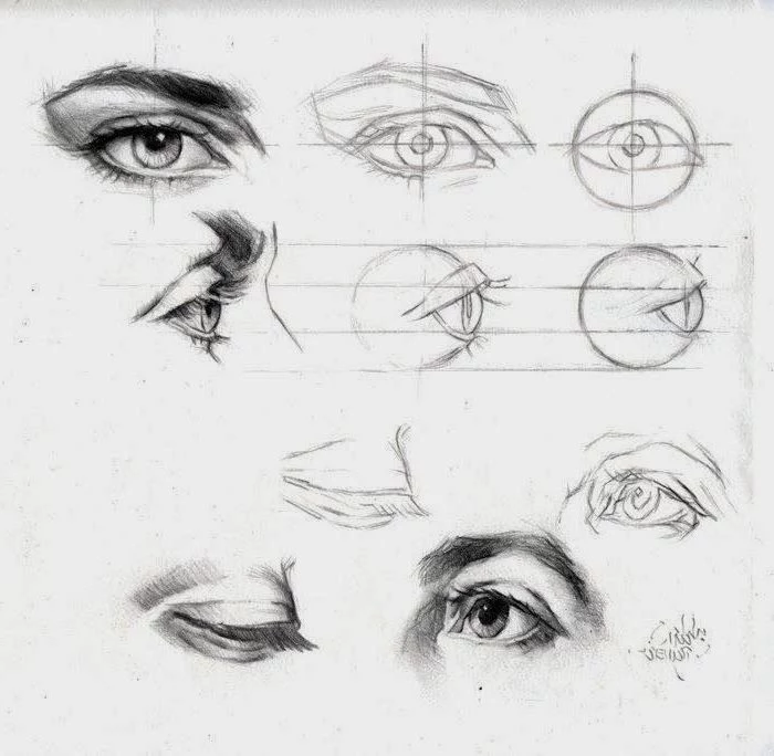 different eye shapes, black sketches, white background, how to draw a female face