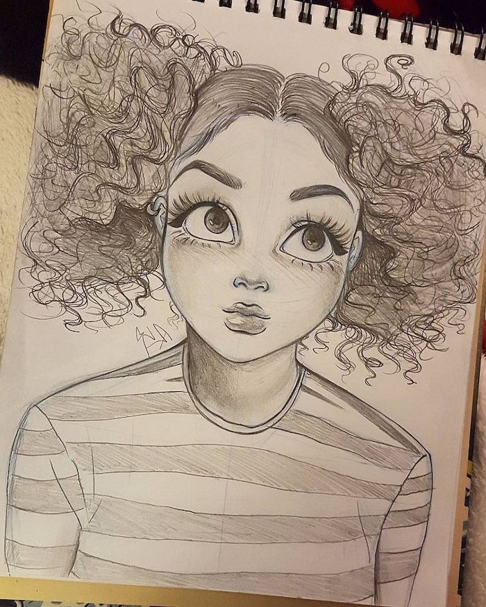 curly ponytails, black and white sketch, big eyes, striped blouse, how to draw a woman