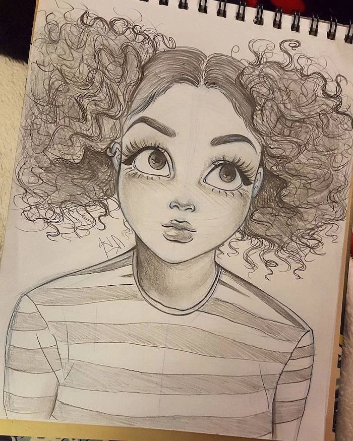 curly ponytails, black and white sketch, big eyes, striped blouse, how to draw a woman