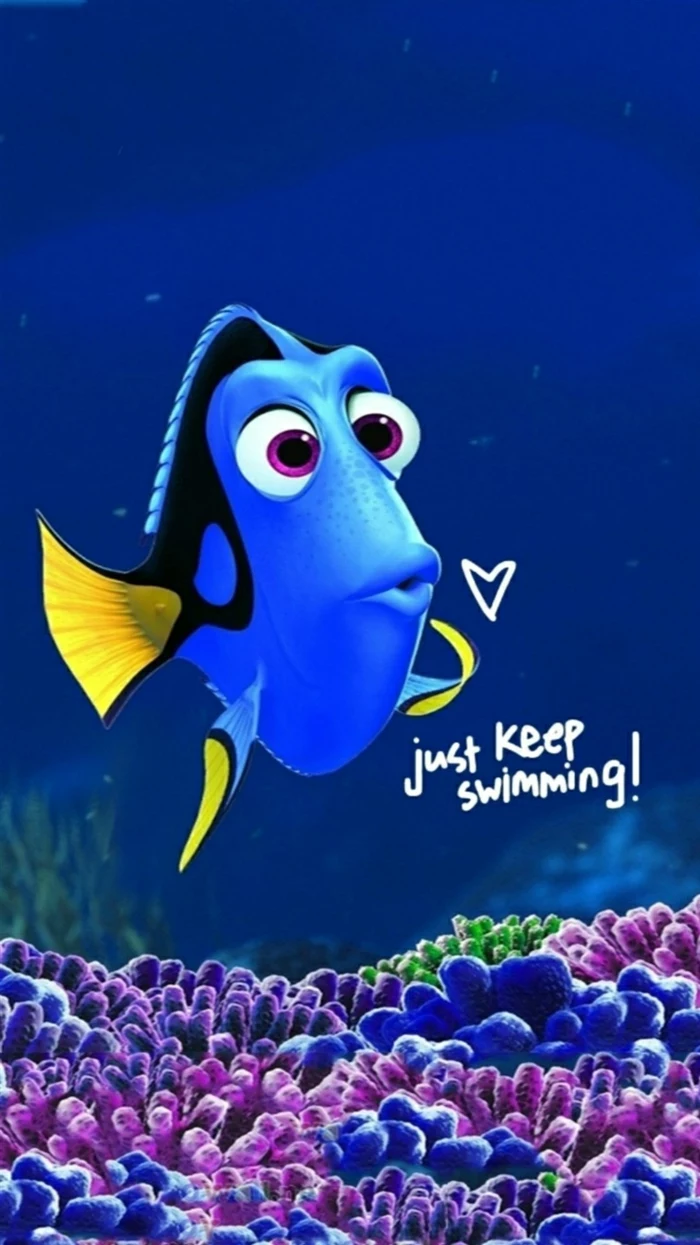 finding dory, just keep swimming, inspirational wallpapers, purple and blue coral reefs