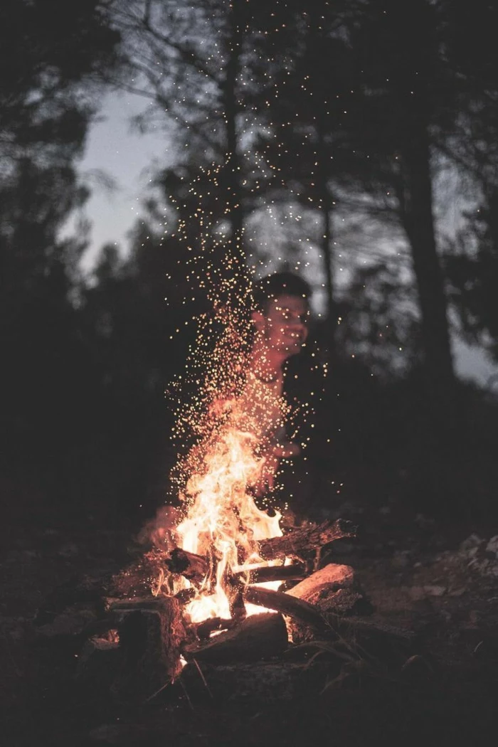 man sitting next to a fire, inspirational wallpapers, tall trees, grey skies