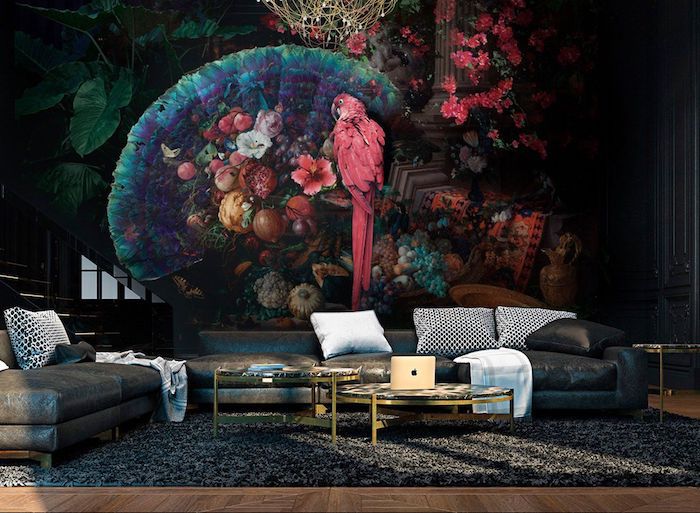 floral wallpaper with a pink parrot, black leather corner sofa, accent wall ideas, round coffee tables