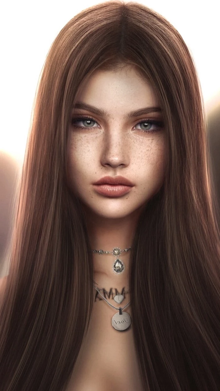 long brown straight hair, green eyes, how to draw a woman, silver necklaces