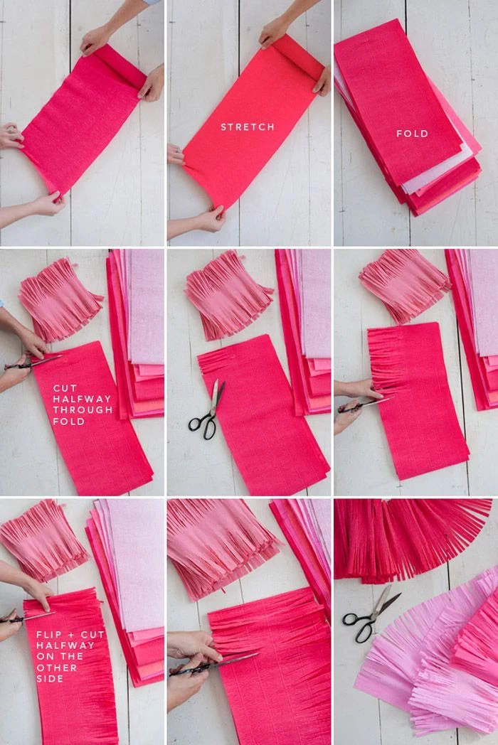diy crepe paper garlands, shades of pink crepe paper, bachelorette party games