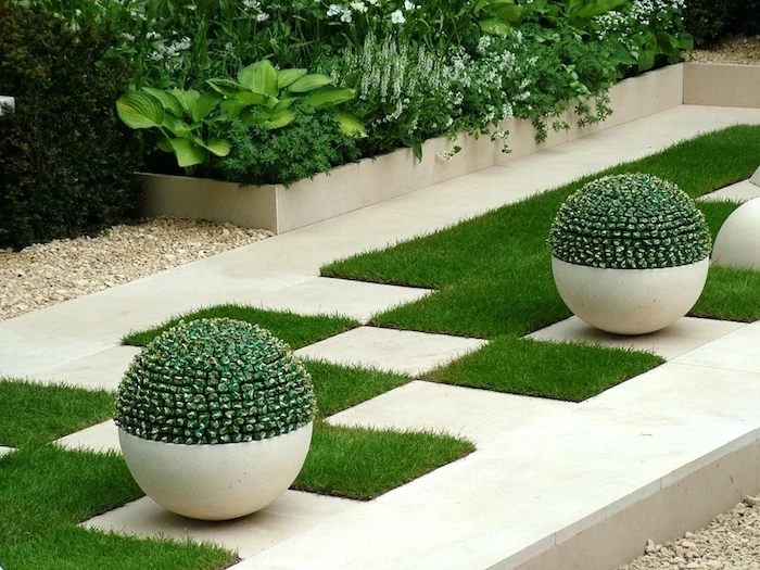 flower beds, landscape design ideas, geometrical grass patches, round ceramic pots with bushes