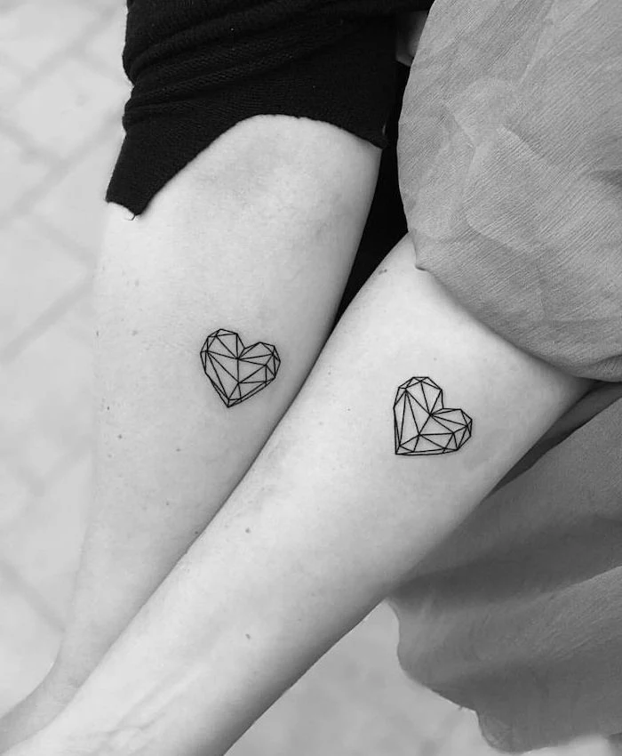 geometrical hearts, tattoo on the forearm, small tattoo ideas for women, his and hers tattoo