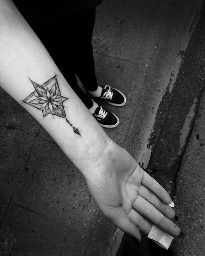 triangle shapes and star, forearm tattoo, arm tattoos for men, black jeans and shoes, tattoos with hidden meanings