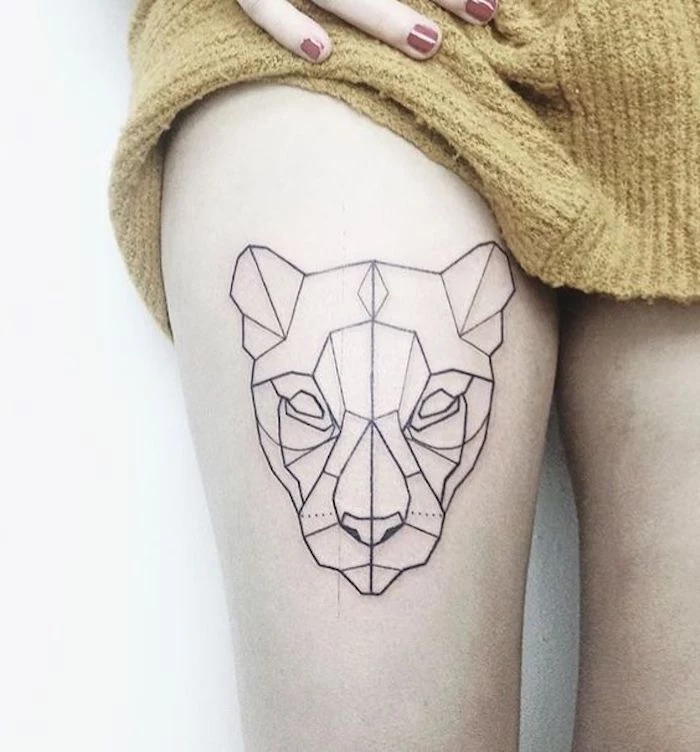 geometrical tiger head, tattoo on thigh, arm tattoos for men, white background